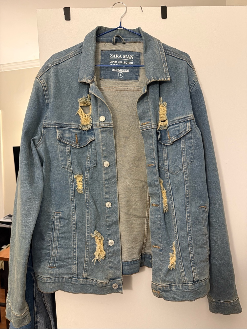 Zara Men's Light Blue Distressed Denim Jacket